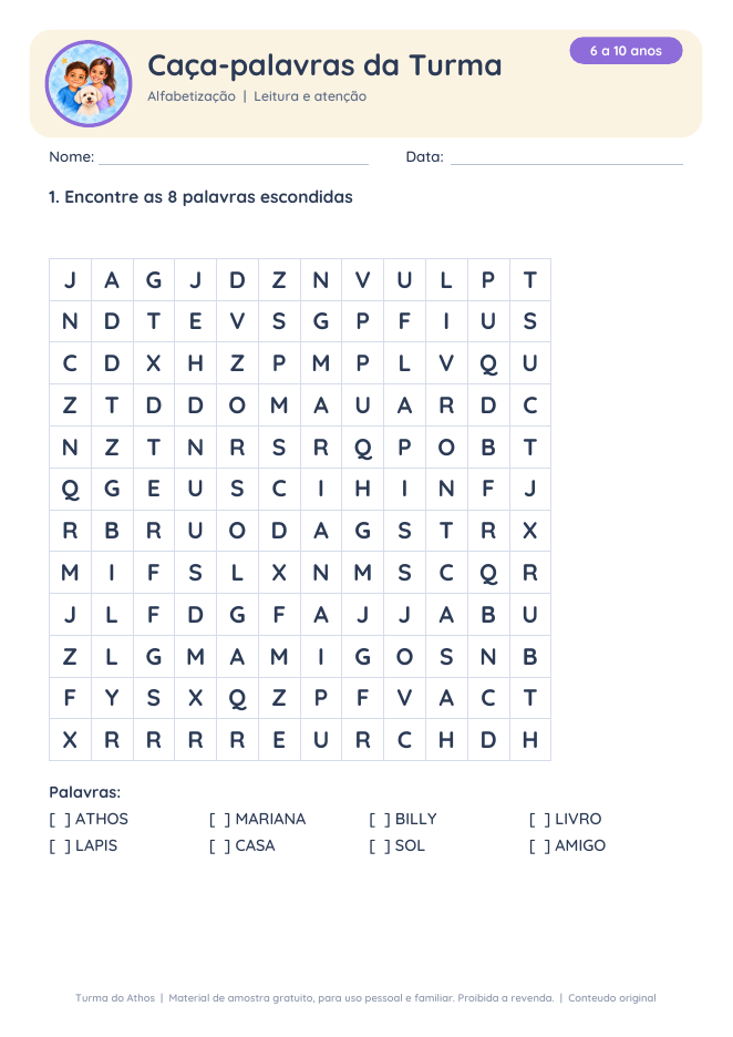 Prévia da atividade Caça-palavras da Turma